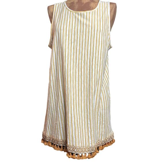 W5 Bohemian Tassel Trim Tank Top Yellow/White Stripes Size M Hippie Retro Indie - Picture 1 of 4